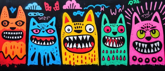 Fototapeta premium Vibrant graffiti mural featuring five colorful cartoon cats with exaggerated facial expressions and sharp teeth. Each cat has a unique color and design, adding dynamic energy to the artwork.