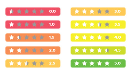 Star Rating or customer review from 0 star to 5 star with colorful button set collection. Feedback, rating, scoring, survey, customer service, meter, voting graphics for website, application