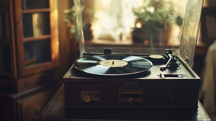 The warm glow of sunlight filters through a window, illuminating a vintage record player as it plays a timeless vinyl, creating a nostalgic atmosphere filled with music