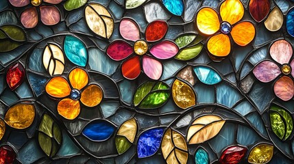 Colorful stained glass floral design featuring vibrant textures and hues