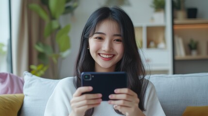 Fototapeta premium Happy young woman using her smartphone on a couch.
