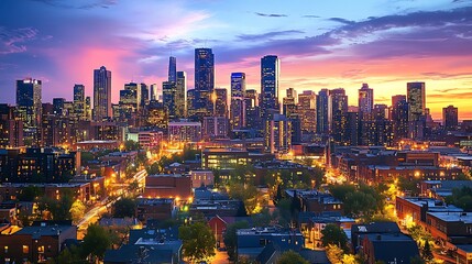 Obraz premium City Skyline at Sunset with Vibrant Colors and Streetlights.