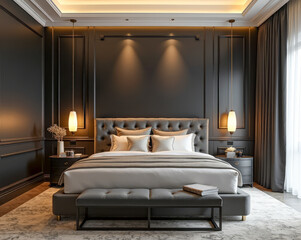 designer interior of a modern bedroom in black and gold