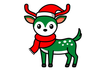 Cute deer wearing Santa hat and scarf vector art illustration