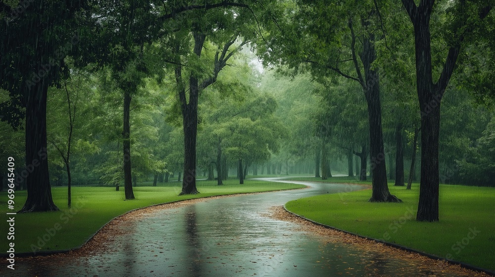 Poster A serene park with tall trees and a winding path, covered in a soft layer of wet leaves