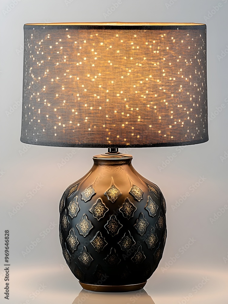 Poster elegant table lamp with a fabric shade in a modern minimalist design isolated against a white backgr