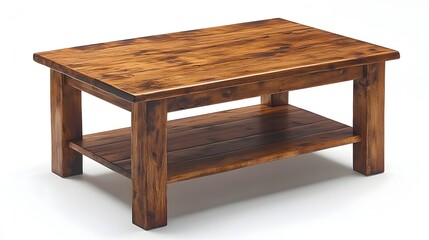 Elegant wooden coffee table with a lower shelf isolated on a clean white background  This minimalist and modern piece of furniture is perfect for the living room or home decor