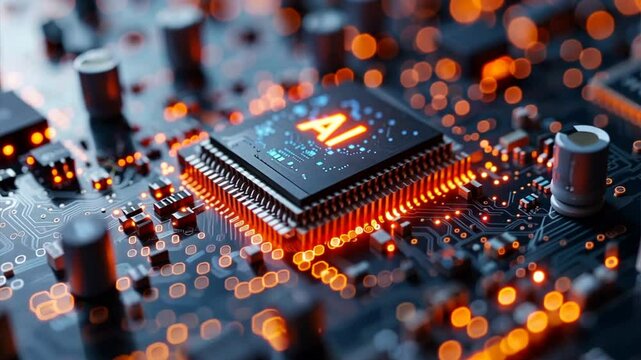 AI Chip: A glowing AI logo on a microchip, symbolizing the future of artificial intelligence and its potential to revolutionize industries.