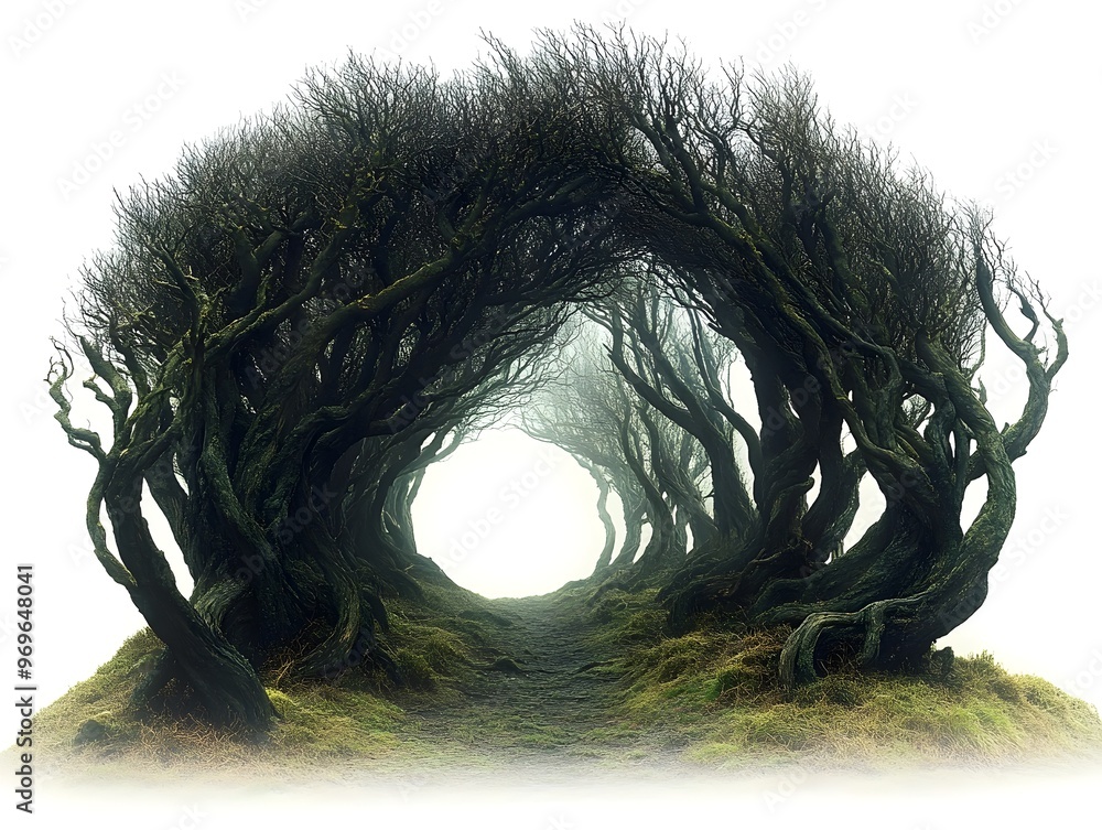 Poster enchanted dark fantasy forest landscape with a mysterious path leading through a tunnel of twisted g