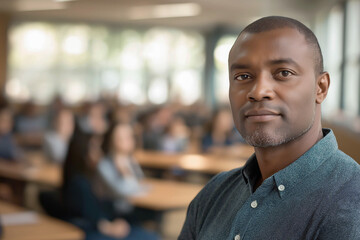 Fototapeta premium A 40-year-old African-American male professor stands in front of a classroom at the university on the right. Close-up. University study concept. Advertising banner.