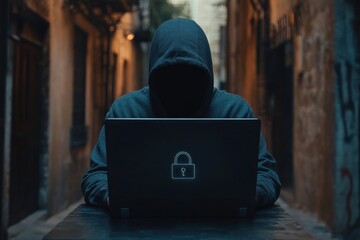 Cybersecurity Expert in Hooded Jacket Working on Laptop