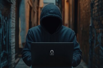 Cybersecurity Expert in Hooded Jacket Working on Laptop