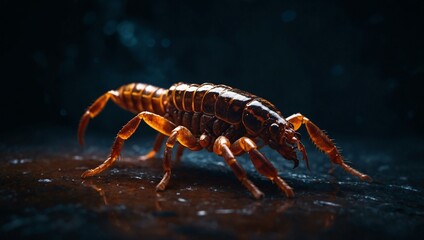 A glowing scorpion emerges from the dark, illuminated in digital art style.