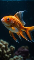 A goldfish swimming in a dimly lit aquarium, captured in a close-up shot that highlights its shimmering scales.