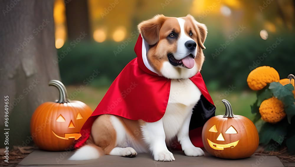 Wall mural halloween costume dog pets web banner cute saint bernard dog dressed little red riding hood sitting 