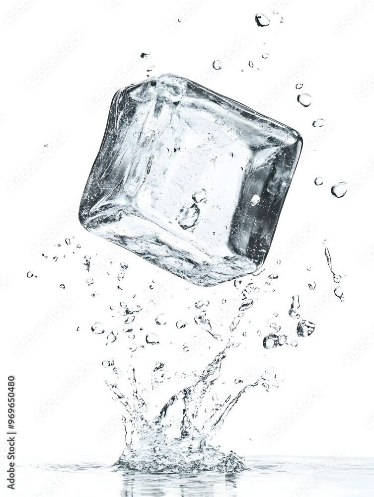 Poster falling transparent ice cube creating splash and ripple effect in clear liquid abstract background w