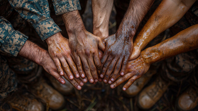 Close-up of several hands covered in mud, symbolizing unity and teamwork.