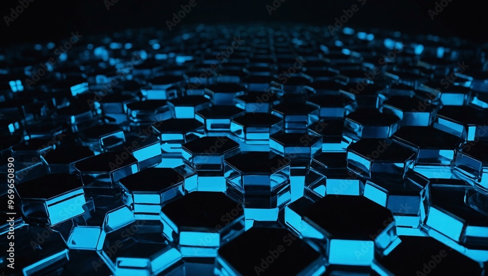 Poster abstract blue hexagon pattern with glowing edges.