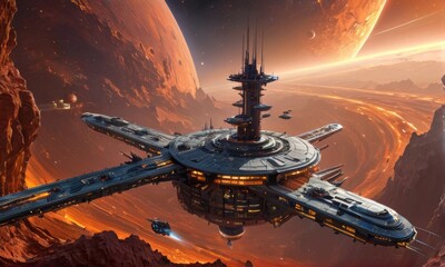 Futuristic Space Station Orbiting Alien Planet