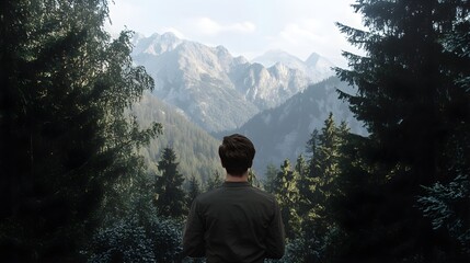 Naklejka premium A realistic mock-up of a man viewed from the back, surrounded by a dense forest and majestic mountains