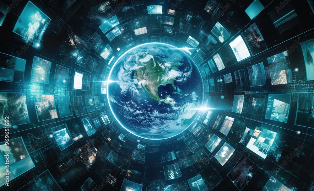 Poster a computer generated image of the earth with a blue background and a large number of images of the e