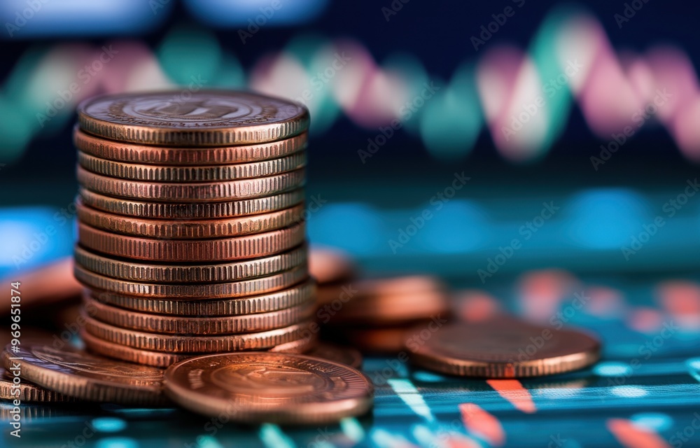 Poster stack of coins with financial graphs and stock market charts in the background representing business