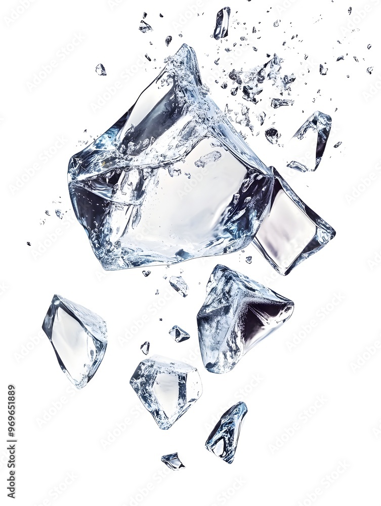 Poster frozen fragmented ice cubes in splash of liquid on clean white background showcasing translucent tex
