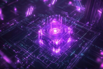 Fototapeta premium Abstract quantum computing core glowing with violet energy, surrounded by swirling data streams and geometric algorithmic patterns, in a cybernetic setting