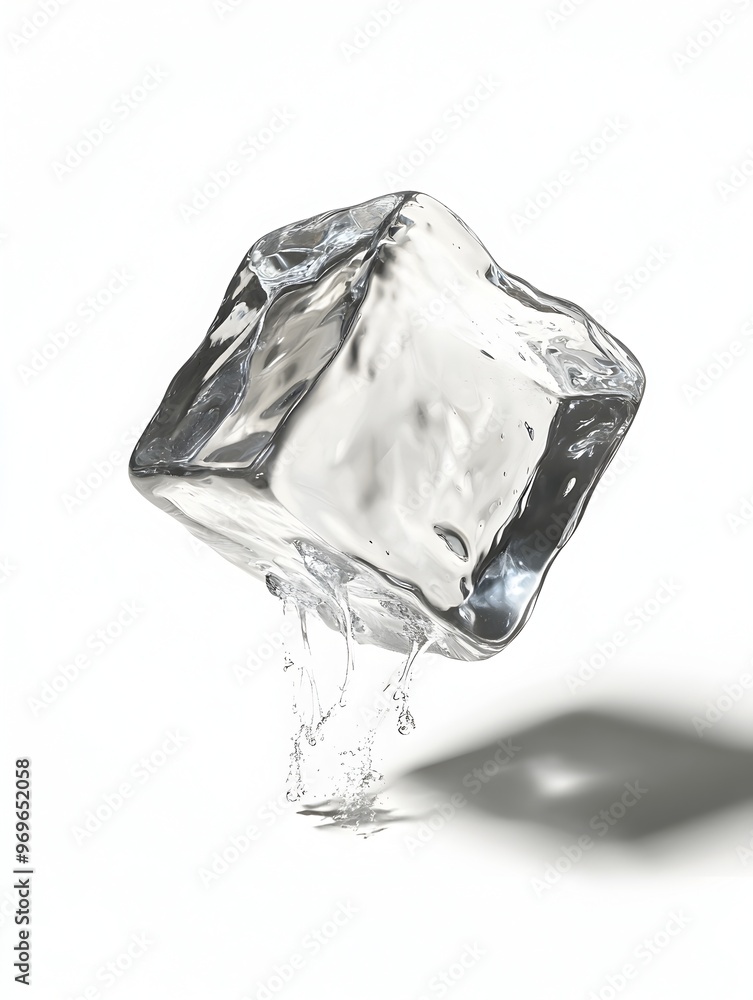 Poster frozen transparent glass cube floating on a plain white background with soft shadow the ice cube has