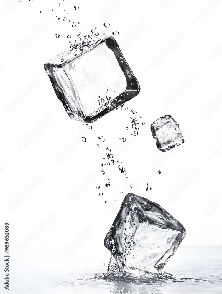 Poster frozen water cubes in motion with splashing droplets and reflective crystalline surfaces creating a 