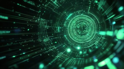 Obraz premium Abstract quantum computing core radiating vibrant green light, with dynamic data streams and complex algorithmic patterns orbiting around it, in a hightech atmosphere