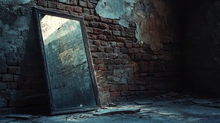A cracked mirror stands alone reflecting the remnants of a forgotten space