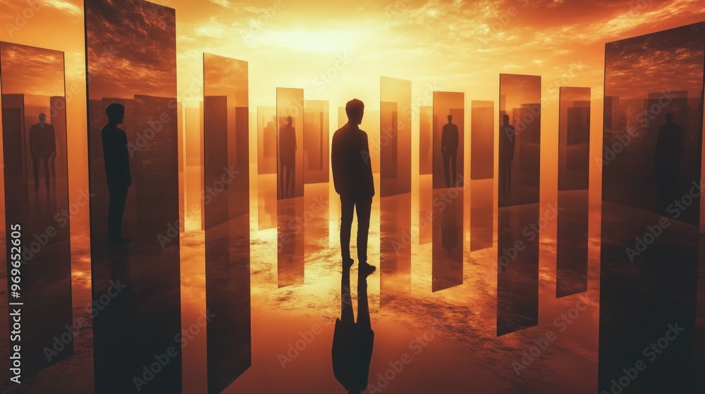 Poster a man stands in a room with many mirrors. the room is empty and the man is the only person in it