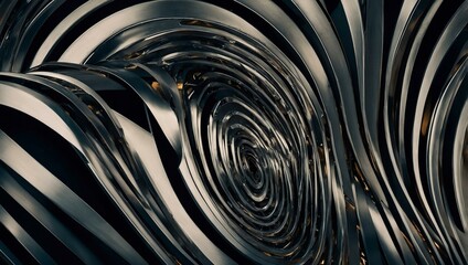 Abstract striped oval within curving lines, blending geometric shapes and metal textures.