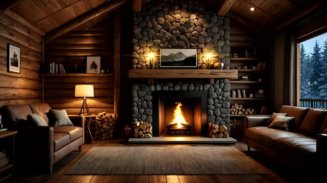 Warm rustic cabin with a stone fireplace and soft lighting in a cozy living room. Seamless looping 4k time-lapse video background