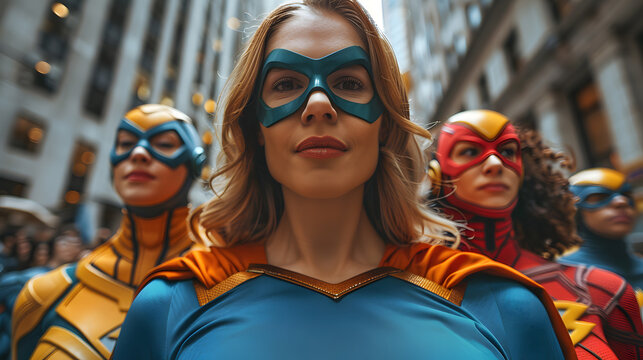 A group of superheroes in colorful costumes stand confidently in an urban setting, exuding strength and unity against a city backdrop