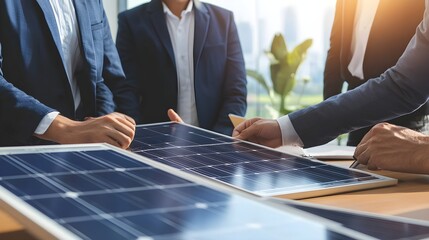 Businessman providing a consultation on solar panels for a team of coworkers or customers during a meeting in the office. Discussing renewable energy and benefits of solar technology