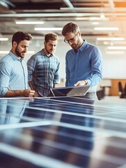Businessman providing a consultation on solar panels for a team of coworkers or customers during a meeting in the office. Discussing renewable energy and benefits of solar technology