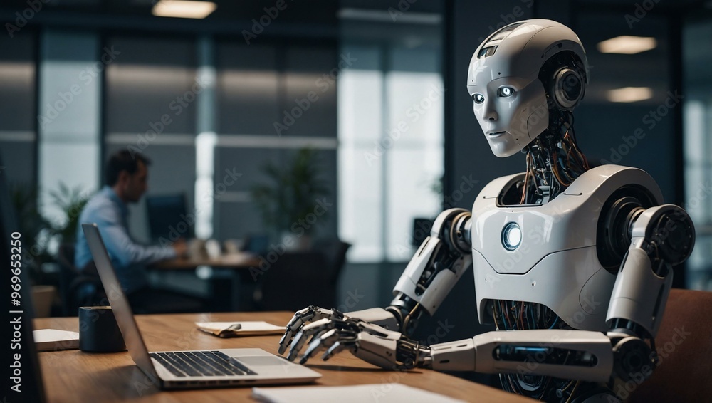 Poster ai robot writing code on a laptop in an office.