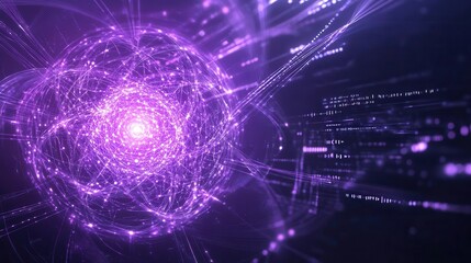 Obraz premium Abstract quantum core radiating purple light, with cascading data streams and intricate algorithmic designs orbiting around it, in a digital atmosphere