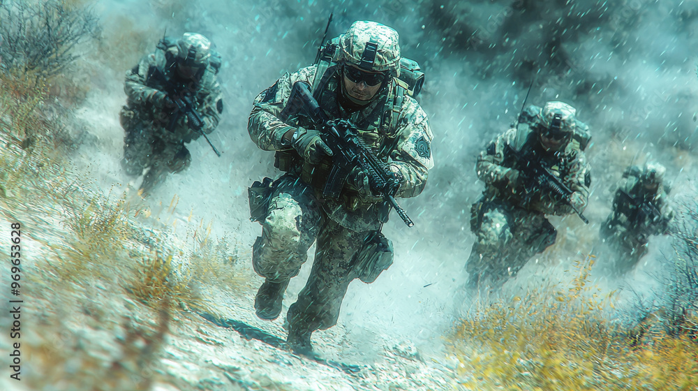 Wall mural Soldiers run through the rain, guns at the ready.