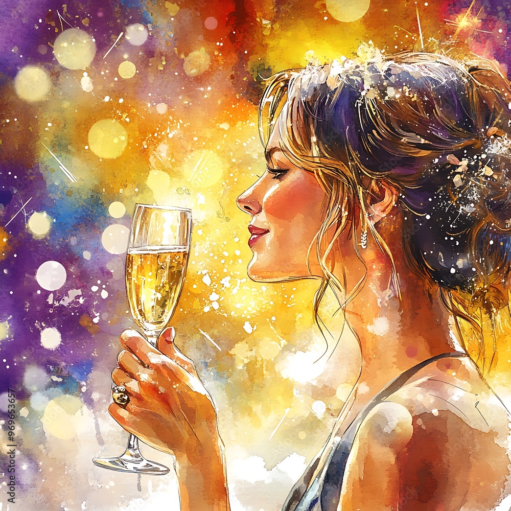 Wall mural Woman Toasting With Champagne in Watercolor Style.