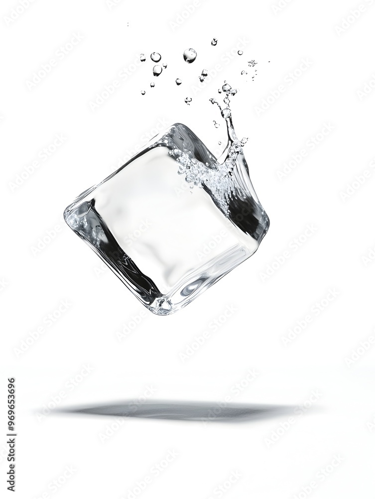 Poster glowing ice cube splashing in transparent liquid with floating bubbles abstract conceptual image rep