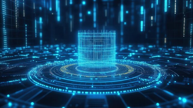 Futuristic quantum computing core bathed in neon blue light, surrounded by cascading data streams and complex algorithmic sequences, set against a digital grid background