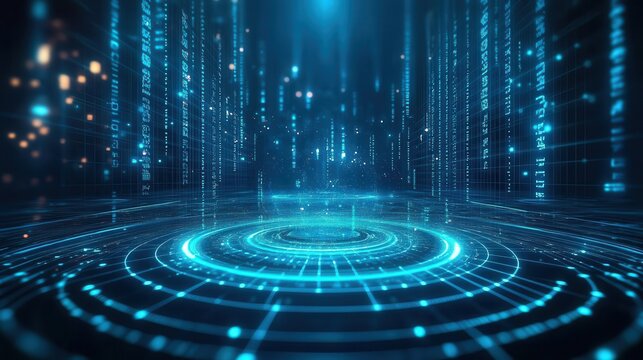 Futuristic quantum computing core bathed in neon blue light, surrounded by cascading data streams and complex algorithmic sequences, set against a digital grid background