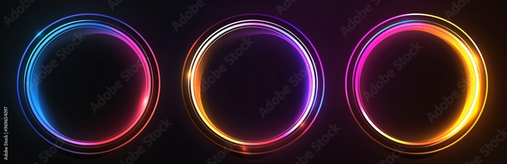 Poster three colorful circles with a black background. the circles are in different colors and sizes. the i