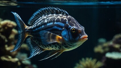 An exotic fish navigating the depths of a dark aquarium, captured in a close-up image that highlights its striking appearance.