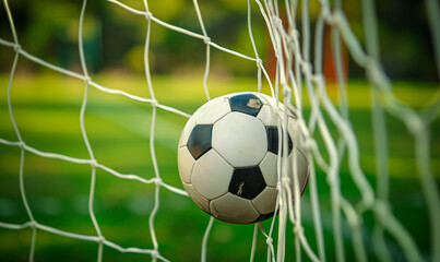 Soccer ball caught in the back of the net, capturing the moment of a goal, symbolizing success, achievement, and the excitement of scoring in a match
