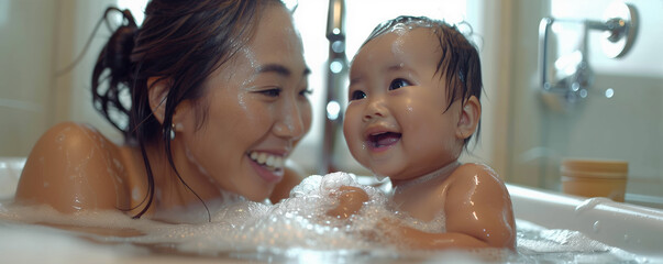 Young Asian mother and baby daughter sharing a happy, intimate moment while bathing together, surrounded by bubbles and warmth