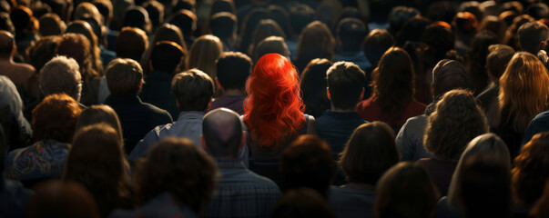 Fototapeta premium A single person with bright red hair stands out in a crowd of people, symbolizing individuality, uniqueness, or leadership amidst conformity